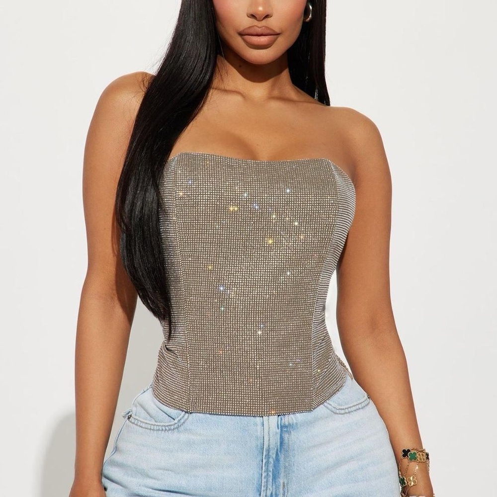 Fashionnova Sequin Strapless Top - Silver